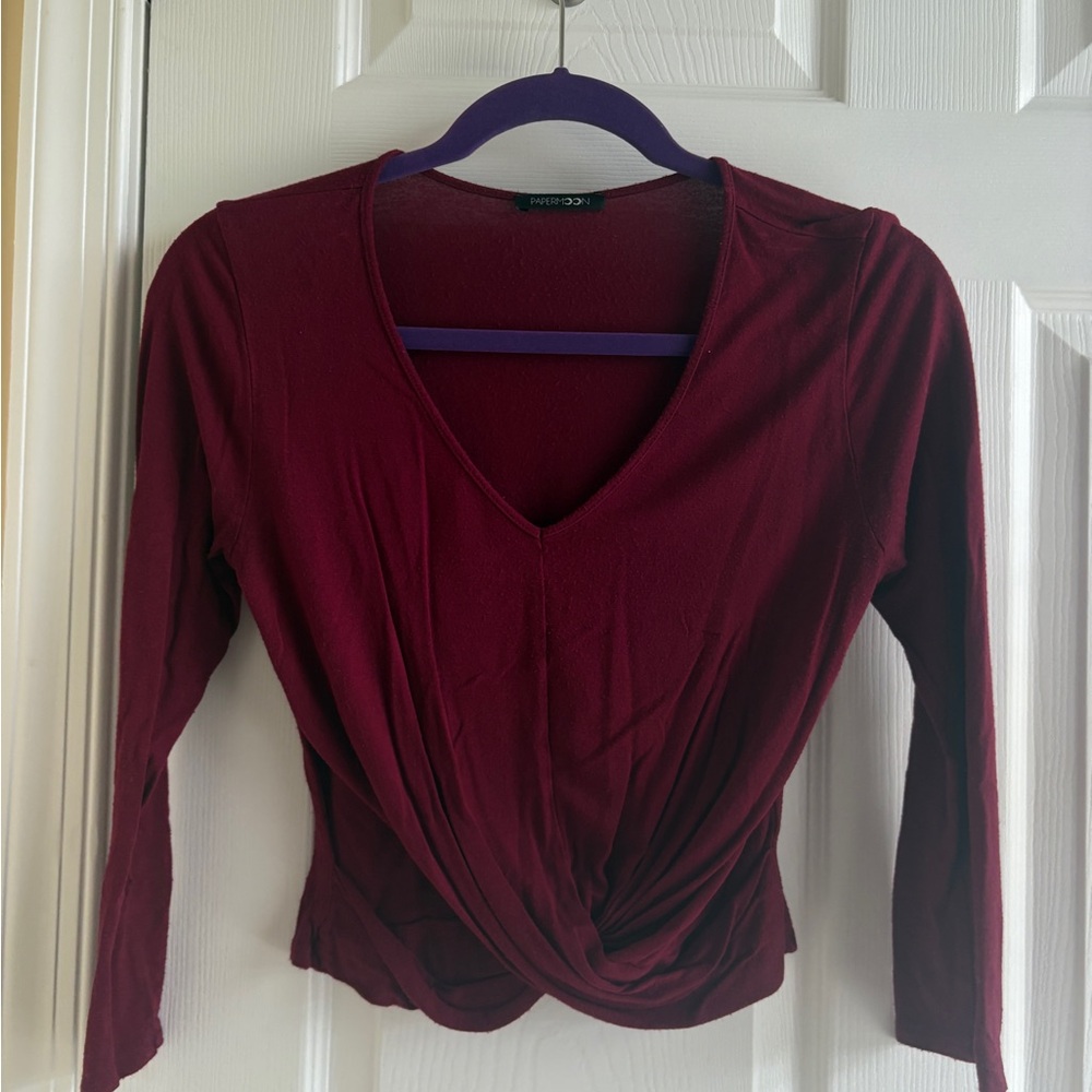 Red Wrap V-Neck 3/4 Sleeve Blouse